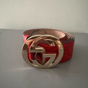 Gucci Red Embossed Leather Belt with Gold Double G Buckle